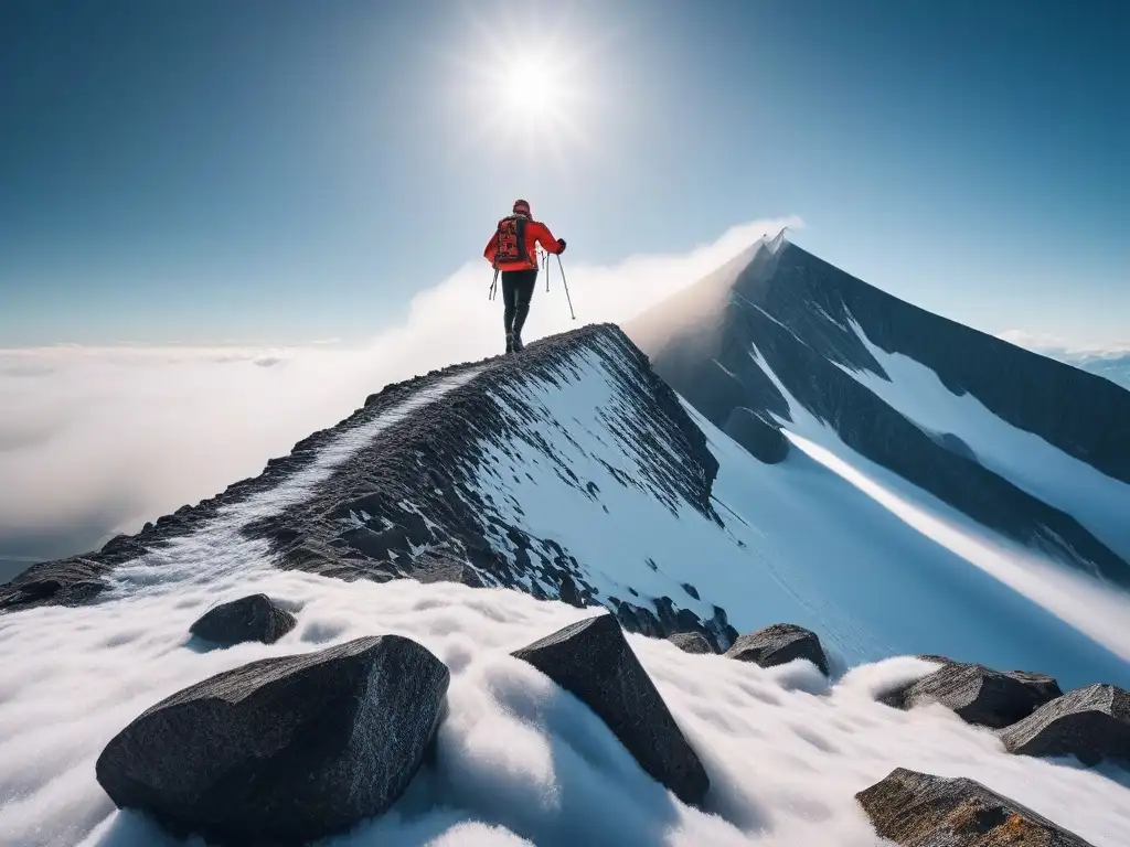 Logro de altura: cumbre alcanzada al amanecer Un atleta alto alcanzando la cima de una montaña al amanecer, representando programas fitness personalizados para altos