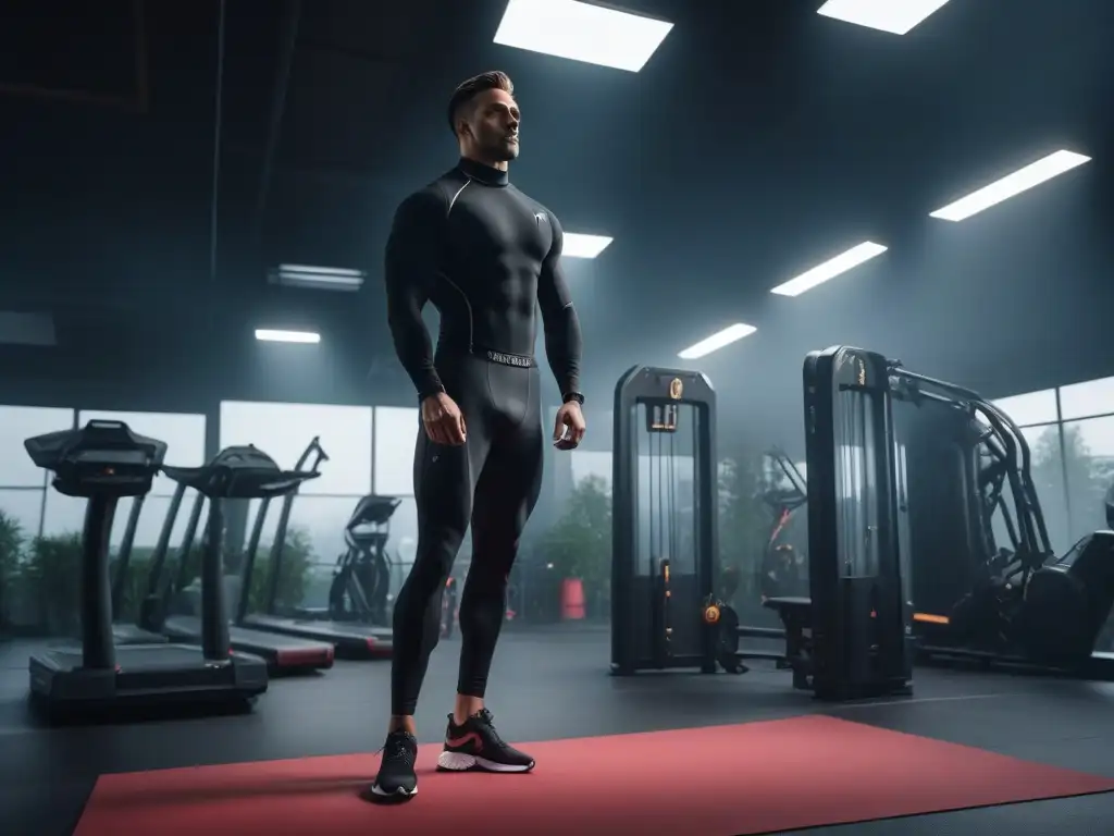 Elegancia atlética: atleta en gimnasio moderno Un atleta alto y delgado destaca en un gimnasio moderno, transmitiendo determinación y enfoque