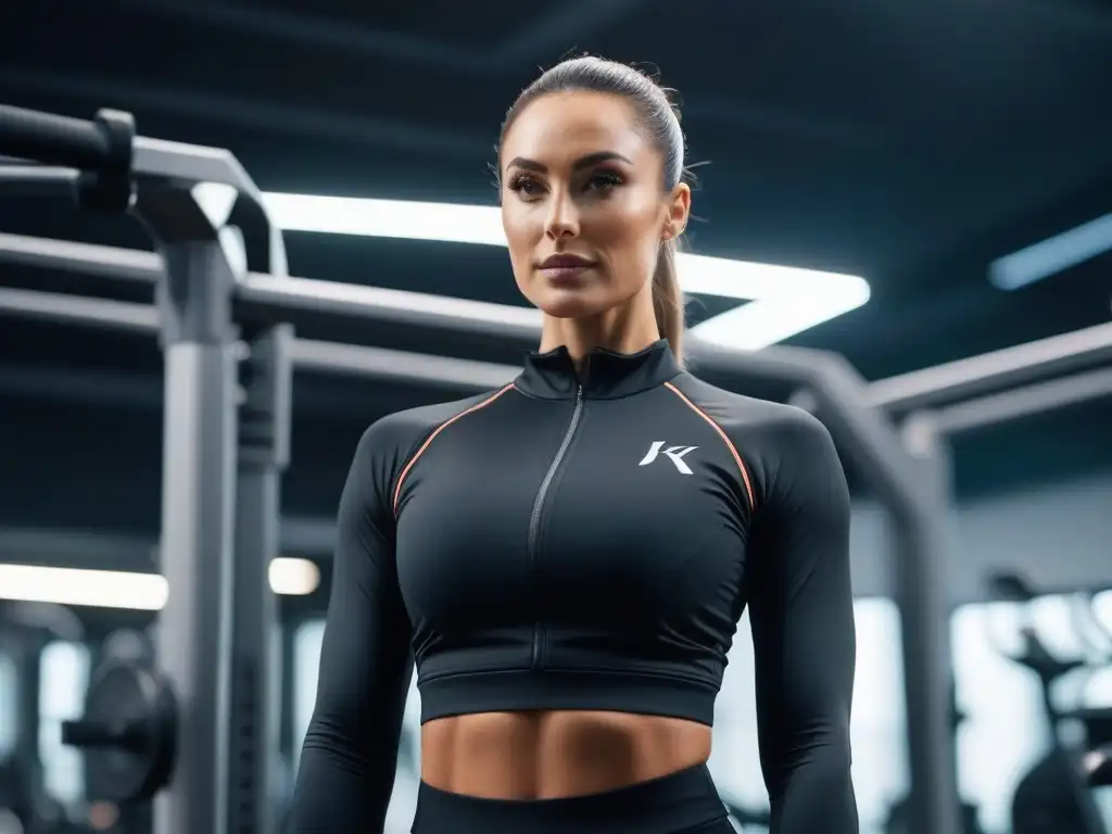 Atleta esbelto en gym futurista realizando rutina desafiante Un atleta alto y delgado se enfoca en su rutina de ejercicios en un gimnasio moderno y futurista