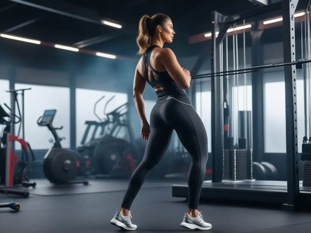 Deportista alto en gym moderno con ropa especializada para altos Un atleta alto y elegante estirándose con confianza en un moderno gimnasio, luciendo ropa deportiva para personas altas