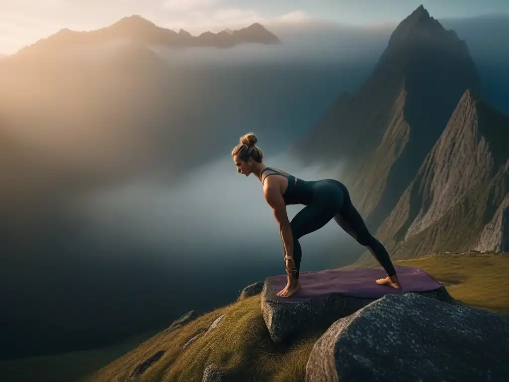 Yoga al amanecer: atleta alto inspirador en postura desafiante Un atleta alto y fuerte realiza una pose de yoga desafiante en la cima de una montaña al amanecer, destacando 'Entrenamiento para cuerpos altos'