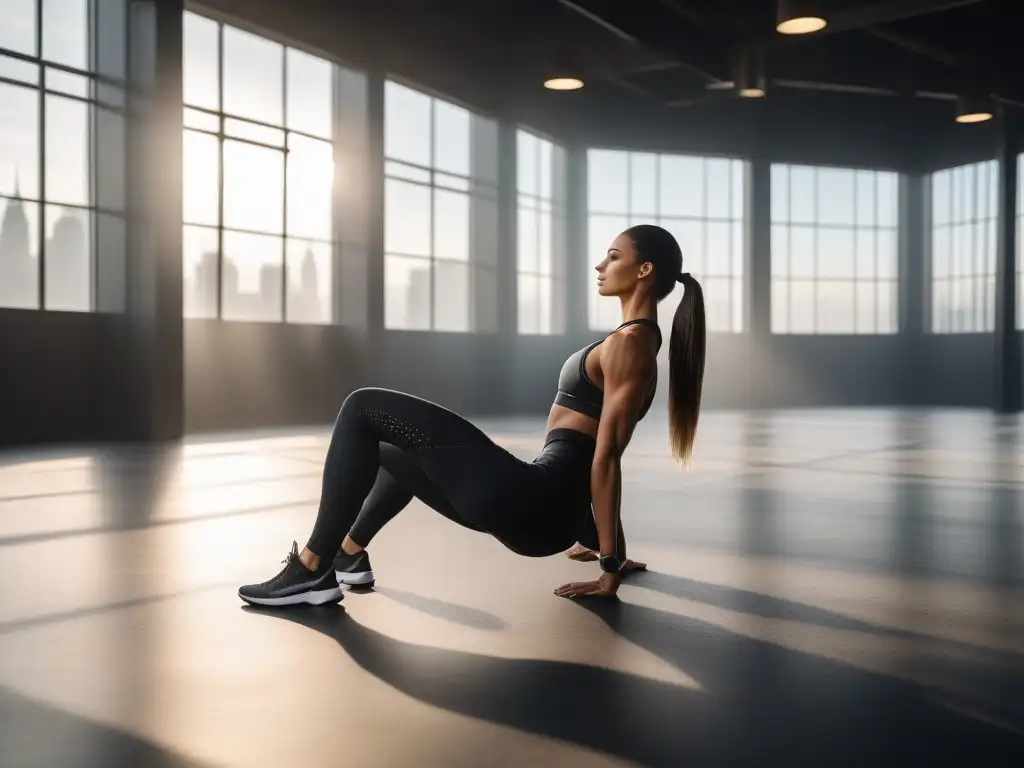 Estiramiento dinámico al atardecer: fortaleza y elegancia en el gimnasio Un atleta alto se estira en un gimnasio moderno al atardecer, reflejando fuerza y gracia