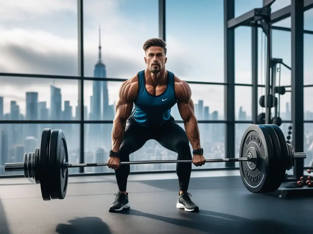 Alto y en forma: levantando pesas con determinación en un gimnasio moderno Un atleta alto levanta pesas en un gimnasio moderno con equipo especializado