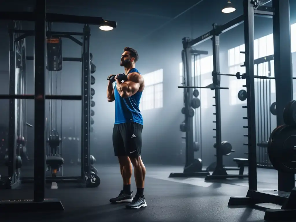 Atleta alto desafiando límites en gimnasio de alta calidad Un atleta alto levanta pesas en un moderno gimnasio, reflejando fuerza y determinación