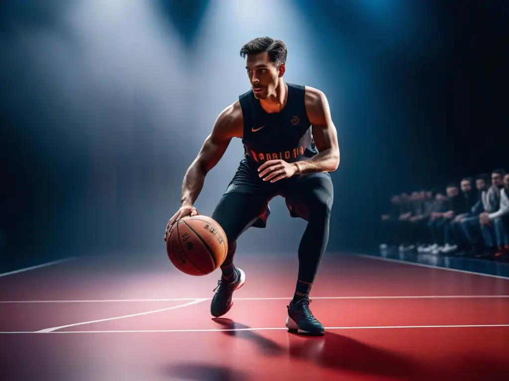Jugador de baloncesto alto en cancha futurista Un atleta alto y poderoso con estilo, driblando una pelota en una cancha futurista