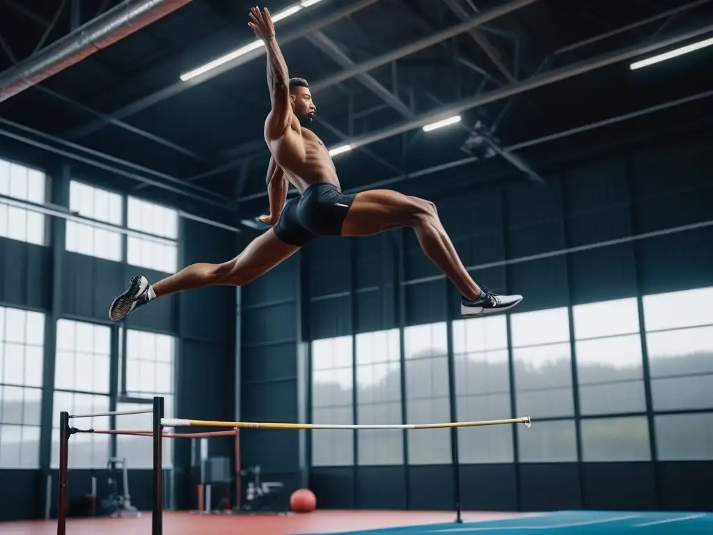 Salto perfecto de atleta profesional en entrenamiento de élite Un atleta alto ejecutando un salto perfecto en un centro de entrenamiento moderno, reflejando poder y dedicación