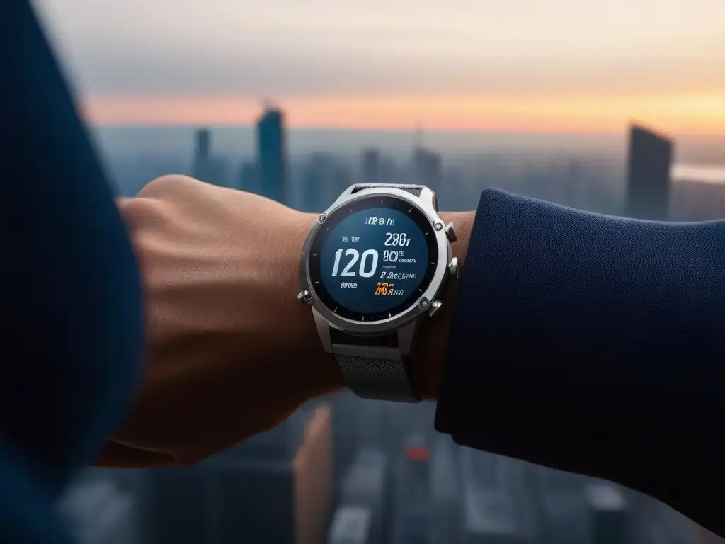 Smartwatch deportivo de alta gama en ciudad al atardecer Un atleta elegante luce un smartwatch futurista con seguimiento fitness avanzado