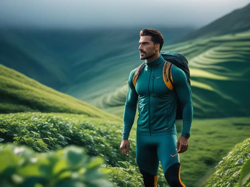 Atleta de alto rendimiento en ropa sostenible Atleta en moda deportiva sostenible, destaca rendimiento en paisaje verde con determinación y enfoque