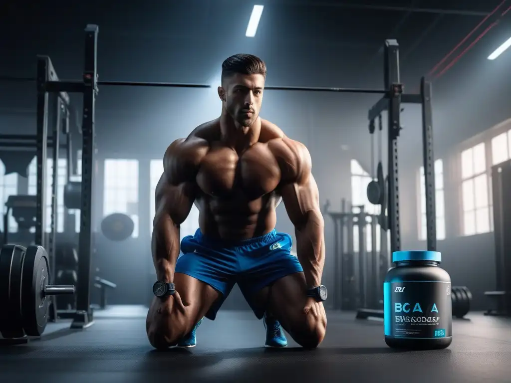 Revitaliza tu entrenamiento: Athlete con Glutamina y BCAA en gym Un atleta musculoso en un gimnasio rodeado de suplementos esenciales: Creatina, BCAA y Glutamina, para entrenamiento intenso
