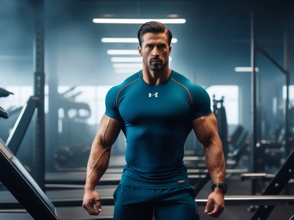 Esculpido en gym: figura musculosa en entorno moderno Un atleta musculoso destaca en un moderno gimnasio, rodeado de equipamiento de alta tecnología y motivadoras frases