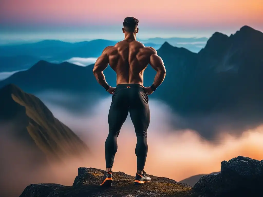 Logro fitness: Triunfando en la cima al amanecer Un atleta musculoso y seguro de pie en la cima de una montaña al amanecer, con paisaje extenso