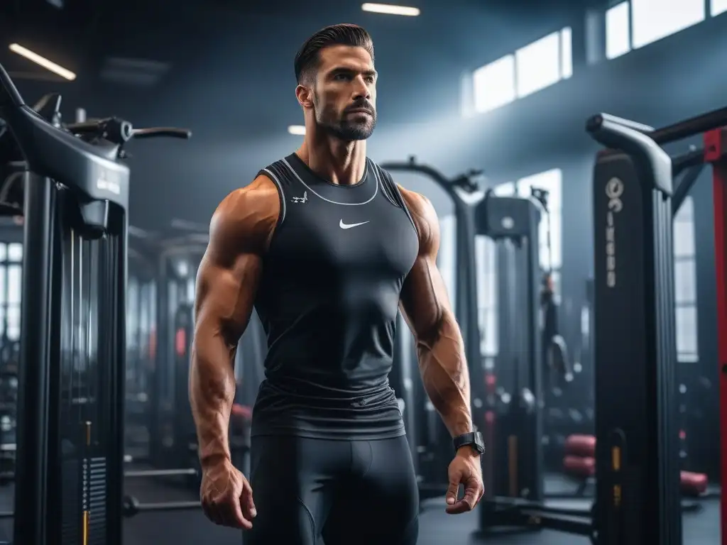 Atleta de élite en entrenamiento especializado: imagen 8k impactante Un atleta profesional de altura se enfoca intensamente en un entrenamiento especializado en un moderno gimnasio