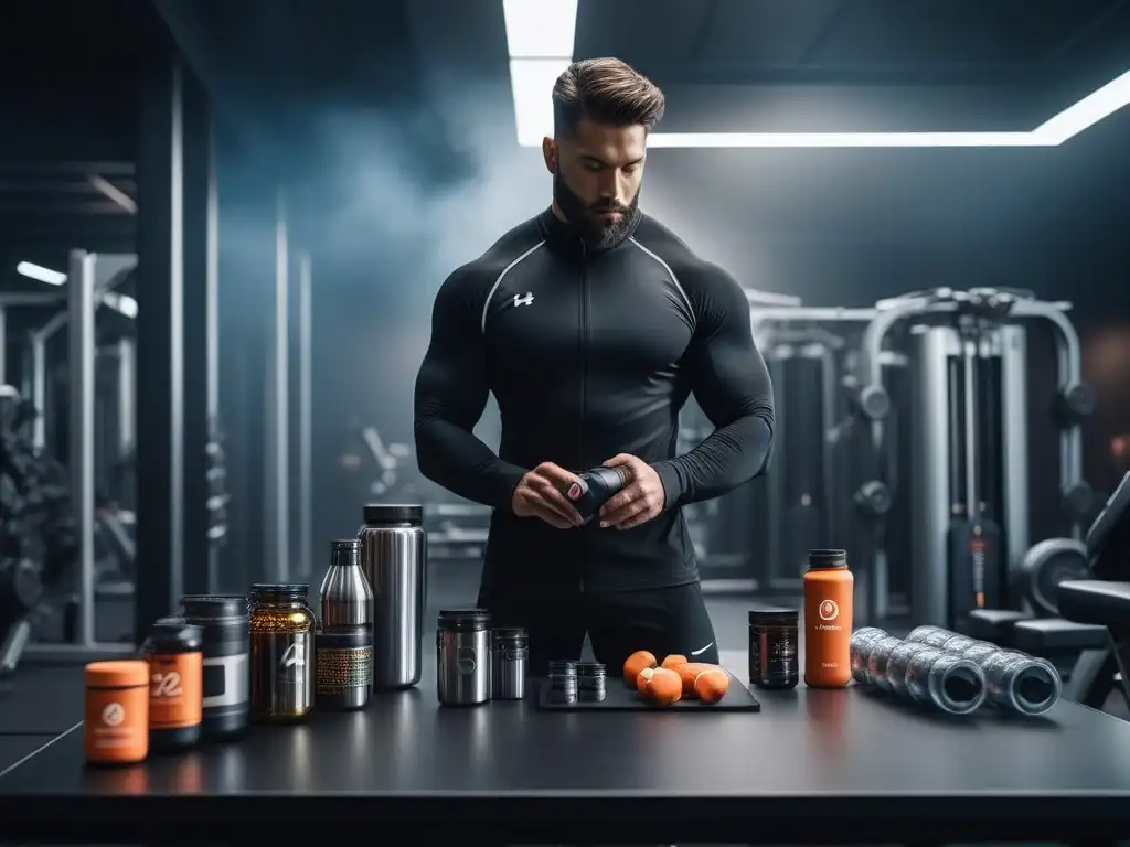 Atleta profesional en gimnasio ultramoderno con suplementos Un atleta profesional en un gimnasio moderno, rodeado de suplementos en una mesa futurista