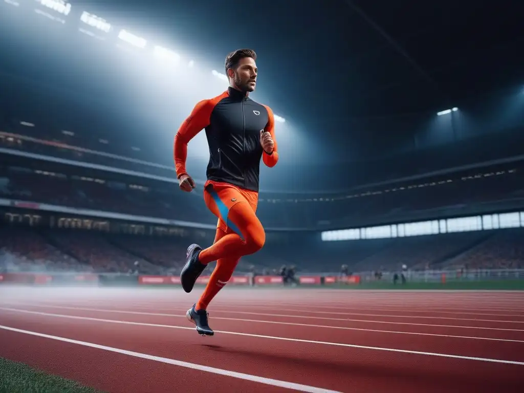Smartwatch deportivo de alta tecnología en acción Un atleta profesional en acción con un smartwatch futurista de tecnología wearable moda deportiva en una pista digital de alta tecnología