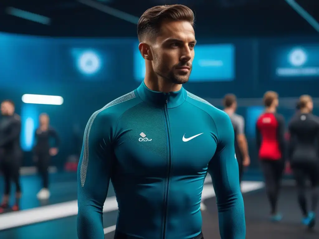 Vestimenta deportiva futurista para atleta de élite en acción Un atleta profesional en un traje deportivo futurista con tejidos adaptativos en un entorno deportivo de vanguardia