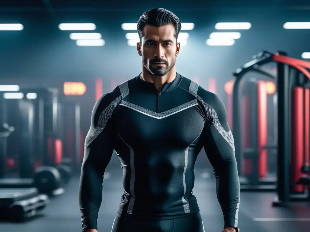 Retrato motivador en gimnasio futurista 8k Un atleta seguro en un gimnasio futurista, inspirador y moderno