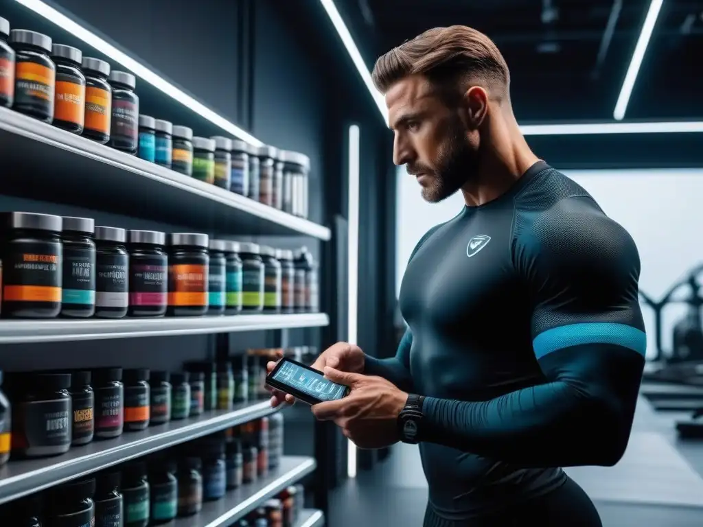 Atleta profesional elige suplemento en gimnasio de última generación Atleta elige suplemento muscular en gimnasio moderno con variedad de productos