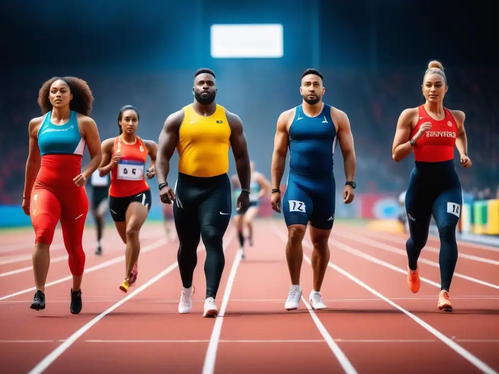 Atletas diversos en acción: uniformes inclusivos para todos los cuerpos Atletas diversos en uniformes deportivos inclusivos para todos, mostrando fuerza y determinación en una pista de atletismo vibrante