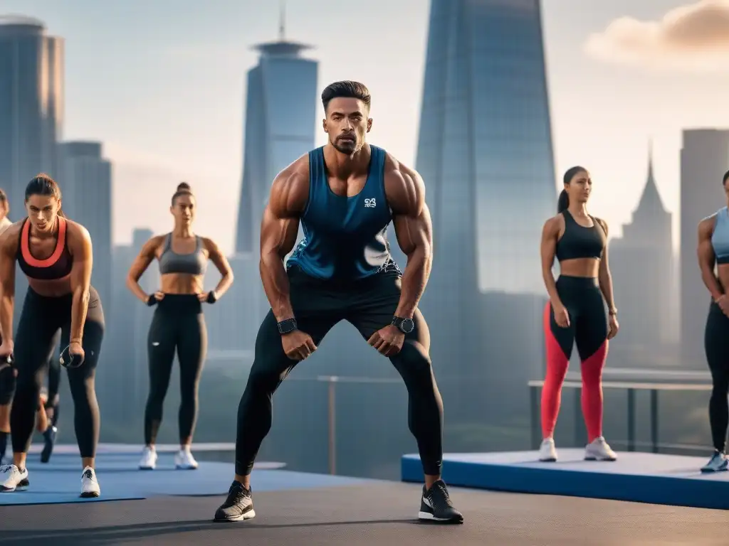 Entrenamiento de alto rendimiento al amanecer en la ciudad Atletas realizando intenso entrenamiento al aire libre al amanecer, con la ciudad de fondo