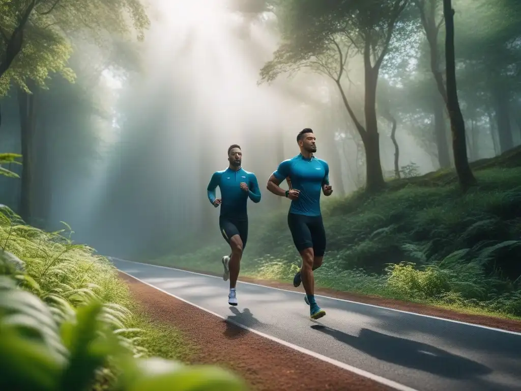 Deportistas en acción con ropa sostenible en bosque verde Diversos atletas en moda deportiva sostenible aumentan su rendimiento en actividades al aire libre en un bosque verde