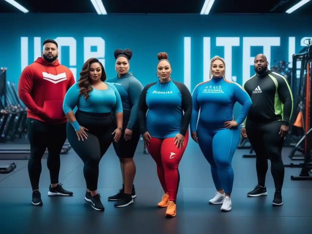 Atletas plussize empoderadas en gimnasio futurista Atletas plussize seguras y diversas en un gimnasio futurista, reflejando la moda deportiva tallas grandes inclusiva