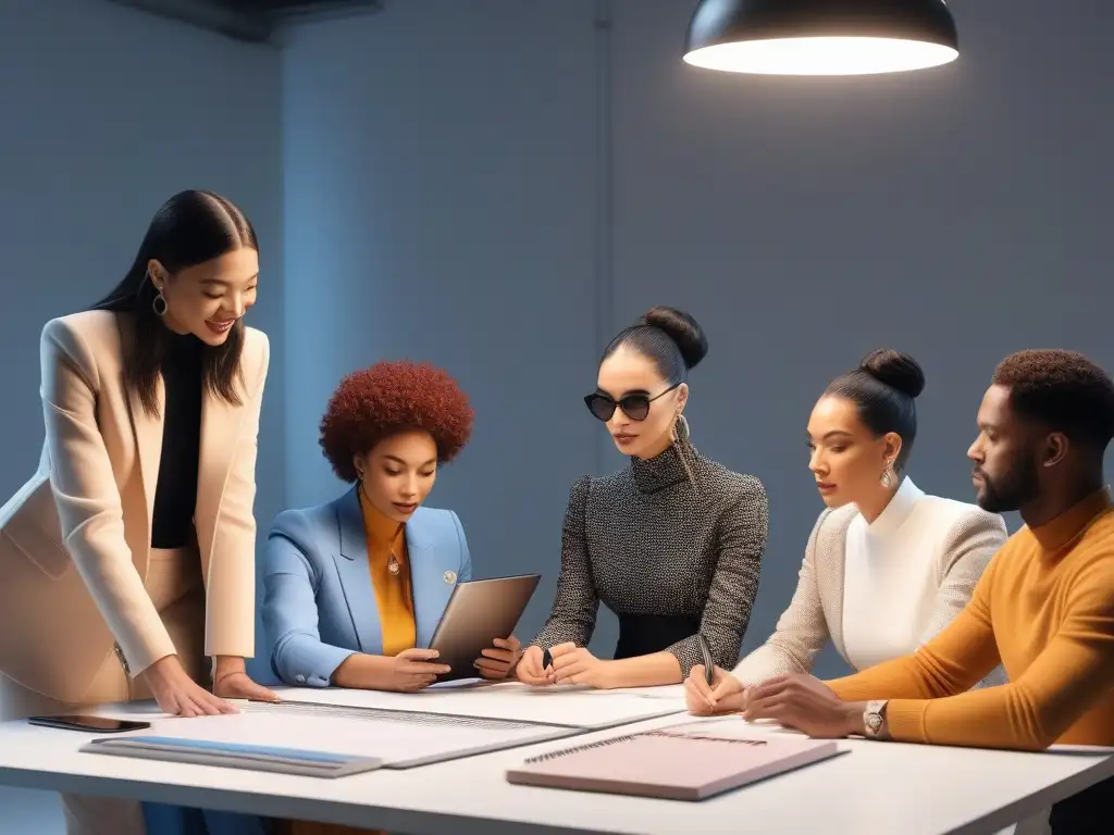 Diseñadores de moda creativos en estudio de lujo Una atmósfera de creatividad y colaboración en un estudio de moda, diseñadores discuten ideas sobre moda inclusiva