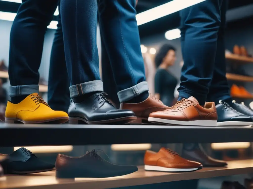 Diversidad y estilo: probando zapatos en una tienda moderna Una atmósfera inclusiva y diversa en una tienda de zapatos, donde personas de distintos géneros, cuerpos y etnias prueban diversos estilos