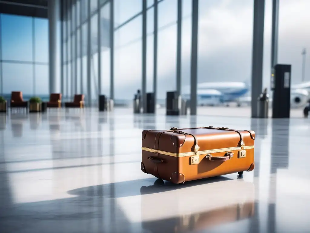 Maleta de lujo en aeropuerto: elegancia y confianza La autoestima del viajero con equipaje de lujo en un aeropuerto elegante y soleado
