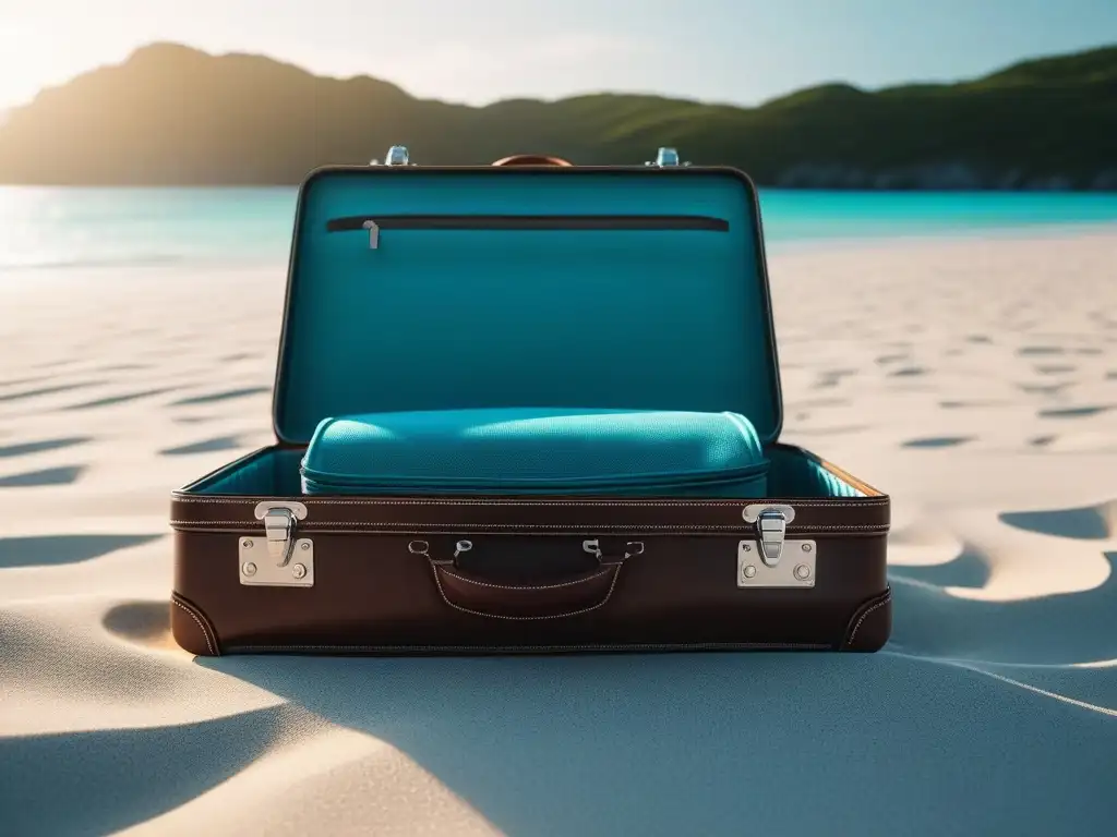 Maleta de lujo en playa paradisíaca Autoestima del viajero con equipaje de lujo en una playa paradisíaca al atardecer