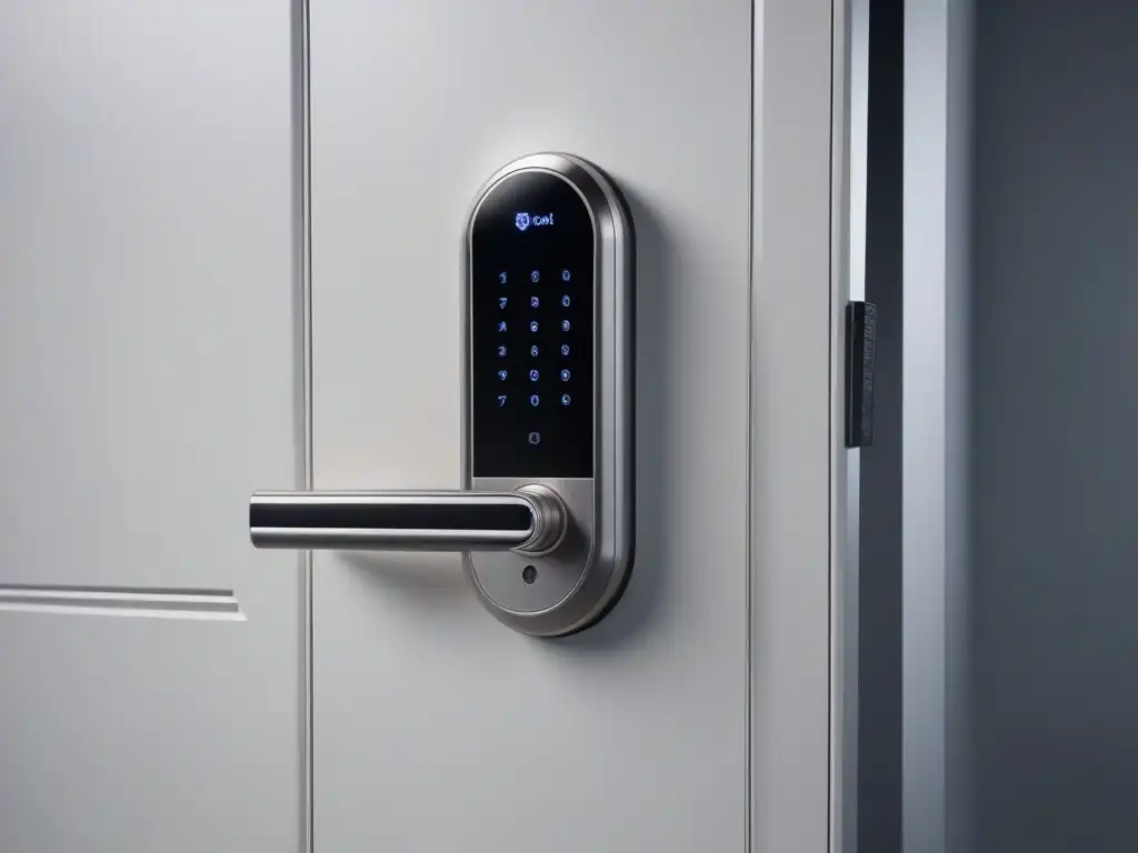 Smart lock futurista integrado en puerta moderna y elegante Avanzada cerradura inteligente fusionada con diseño moderno