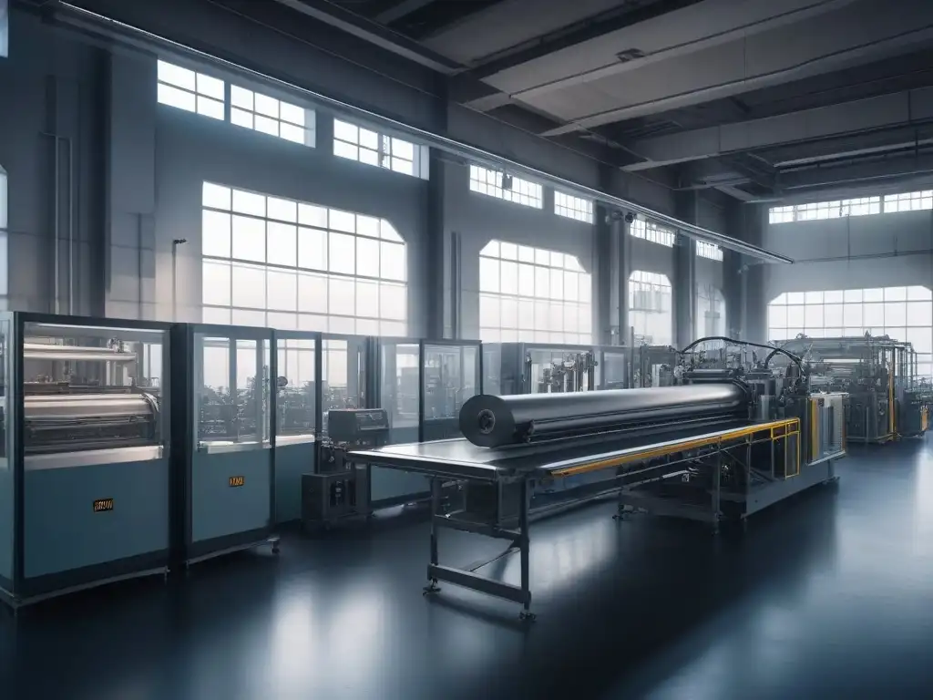 Fábrica textil futurista: tejidos adaptables con tecnología avanzada Avanzada fábrica textil del futuro con maquinaria tejiendo patrones en tejidos adaptativos duraderos, iluminada por una inspiradora luz