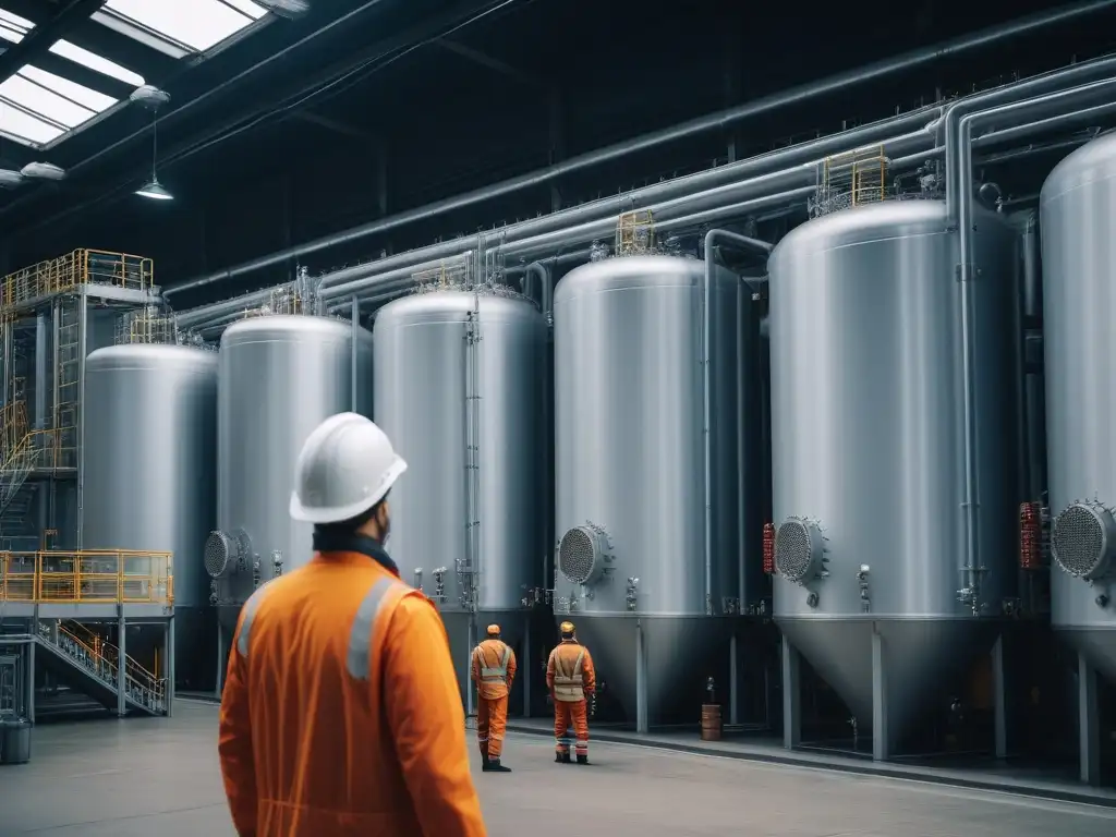 Planta textil sostenible: innovación en tratamiento de agua Avanzada fábrica textil con tratamiento de agua, normativas producción textil agua, trabajadores monitorean innovación y sostenibilidad
