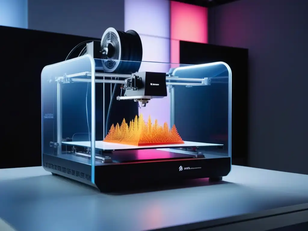 Moda Petite: Impresora 3D futurista creando prenda a medida Avanzada impresión 3D de Moda Petite: hermosa prenda en proceso con colores vibrantes y patrones intrincados, rodeada de un suave resplandor