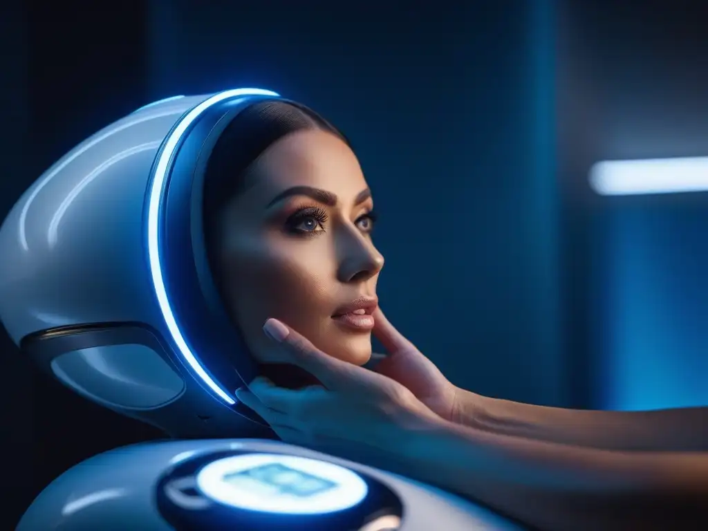 Avanzada máquina facial antiaging en clínica moderna Avanzada máquina antiedad con estética futurista y manos expertas ajustando configuraciones en clínica de belleza