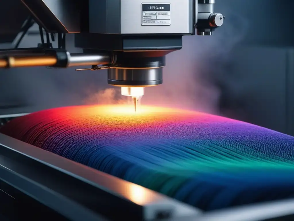Máquina textil futurista tejiendo telas coloridas con precisión robótica Avanzada máquina textil en acción, tejiendo telas coloridas con precisión robótica en una fábrica moderna, iluminada y minimalista