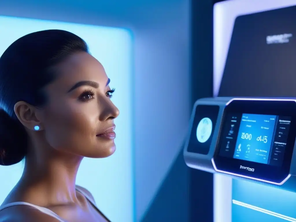 Dispositivo futurista de rejuvenecimiento de piel: tecnología de vanguardia para todos Una avanzada tecnología antiedad ilumina la piel con métricas de mejora, rodeada de diversidad en un elegante centro de belleza