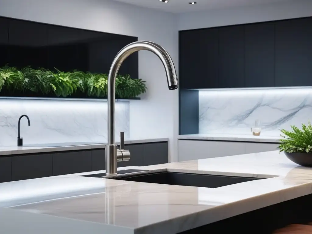 Filtración de agua de lujo para hogares exclusivos Avanzado sistema de filtrado de agua para hogares de lujo en una cocina elegante con tecnología de vanguardia y diseño exquisito