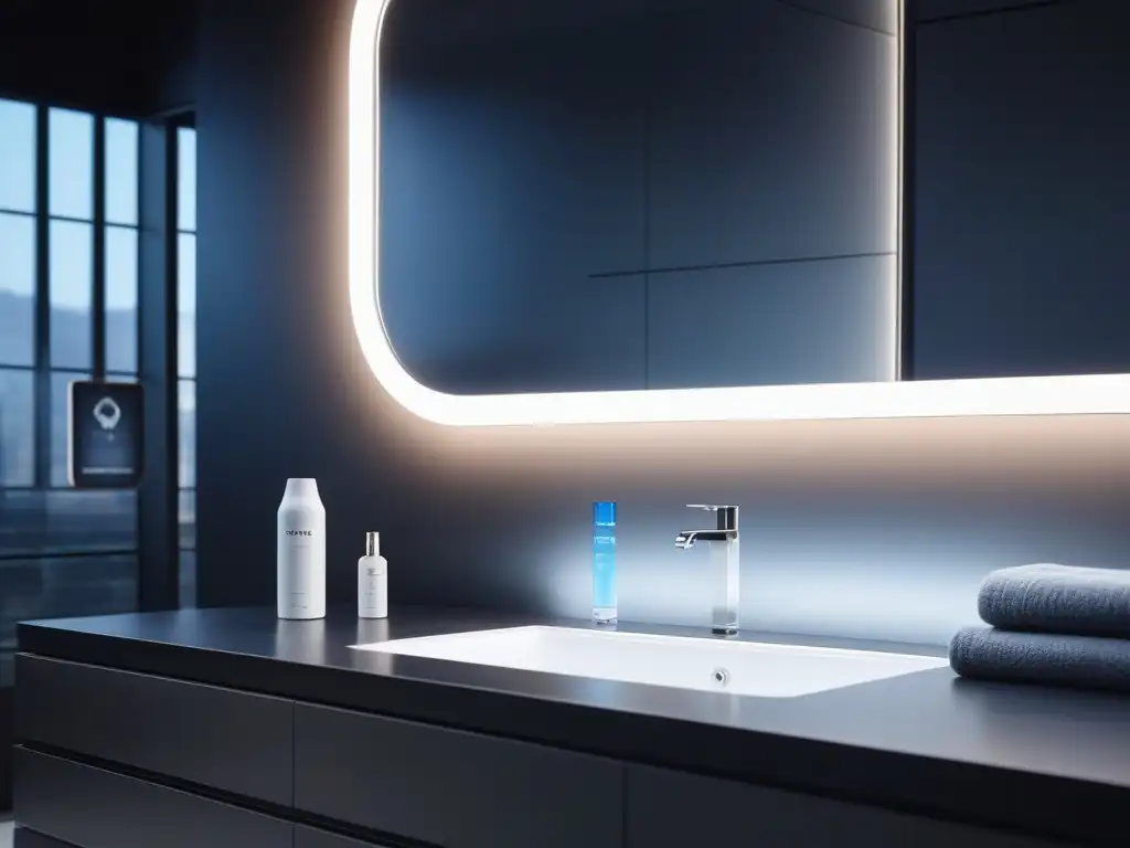 Espejo inteligente y gadgets de alta tecnología en baño futurista Un baño futurista con gadgets de alta gama moda organizados en un elegante espejo inteligente