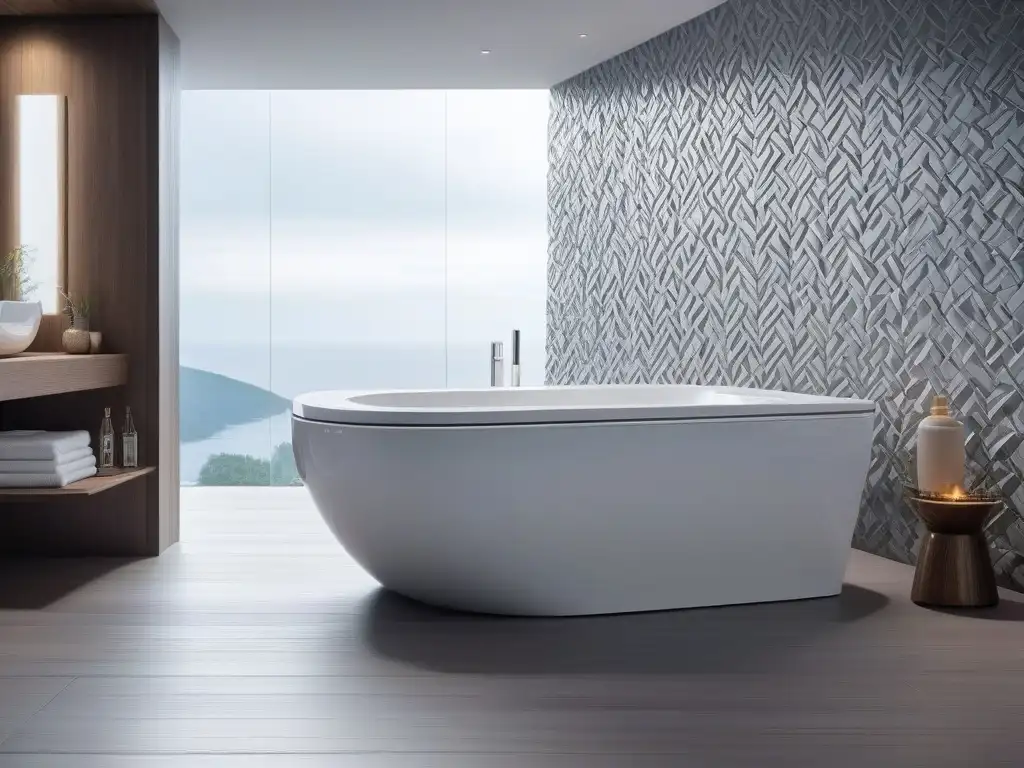 Baño futurista con inodoro inteligente y ambiente spa Un baño inteligente de alta tecnología y confort con inodoro futurista, iluminación ambiental y panel de control