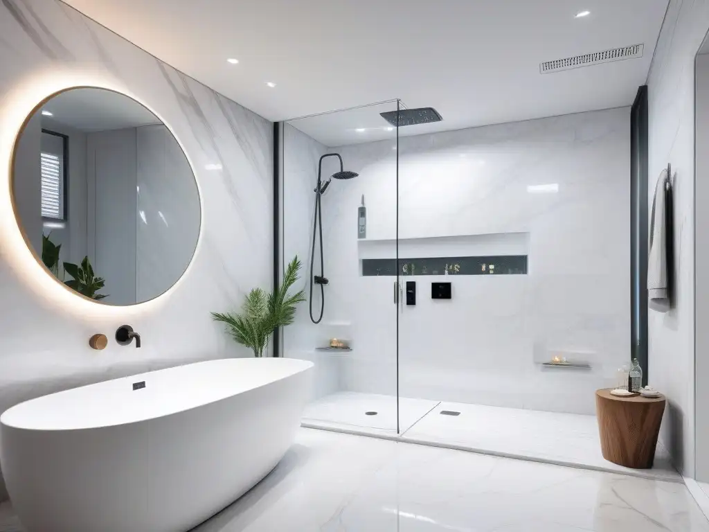 Baño de lujo y tecnología: el pináculo del confort Un baño inteligente de alta tecnología y lujo con detalles personalizables y sofisticados