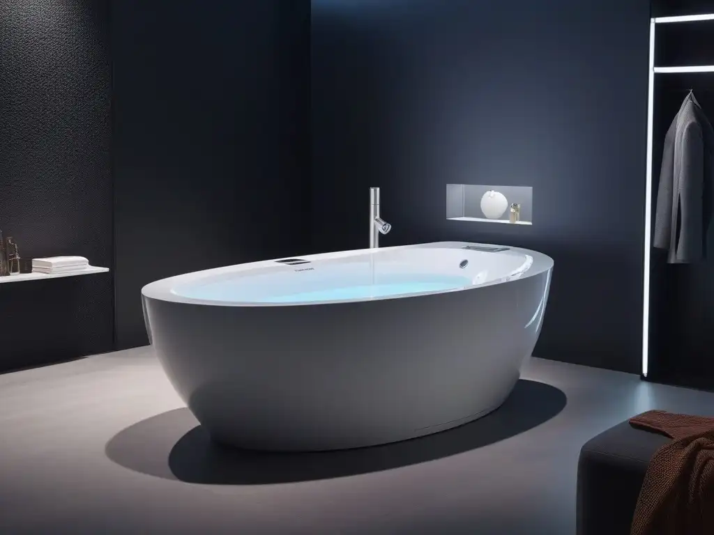 Baño de lujo hightech: confort y elegancia moderna Un baño inteligente de lujo: tecnología, confort y estilo en un ambiente sofisticado con decoración minimalista y iluminación ambiental suave