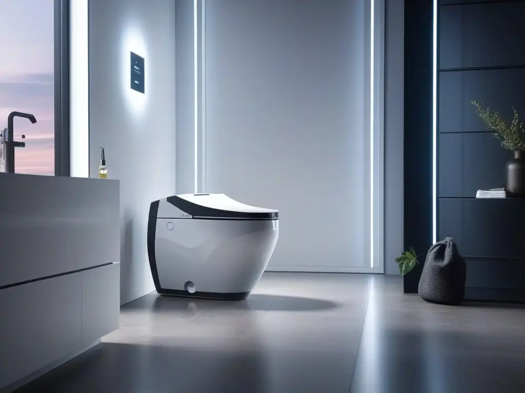 Baño de lujo: inodoro futurista con tecnología avanzada Un baño inteligente de lujo con tecnología avanzada y confort en un ambiente elegante y tranquilo