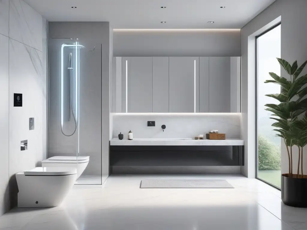 Baño de lujo y tecnología: inmersión ultra detallada en el futuro Un baño inteligente de lujo con tecnología de vanguardia y ambiente confortable
