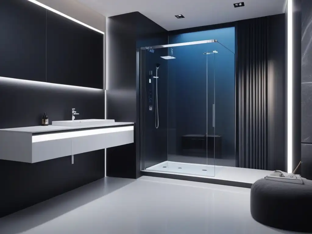 Baño inteligente de lujo: tecnología futurista y diseño sofisticado Un baño inteligente de lujo con tecnología avanzada y confort, destacando diseño contemporáneo y funciones innovadoras
