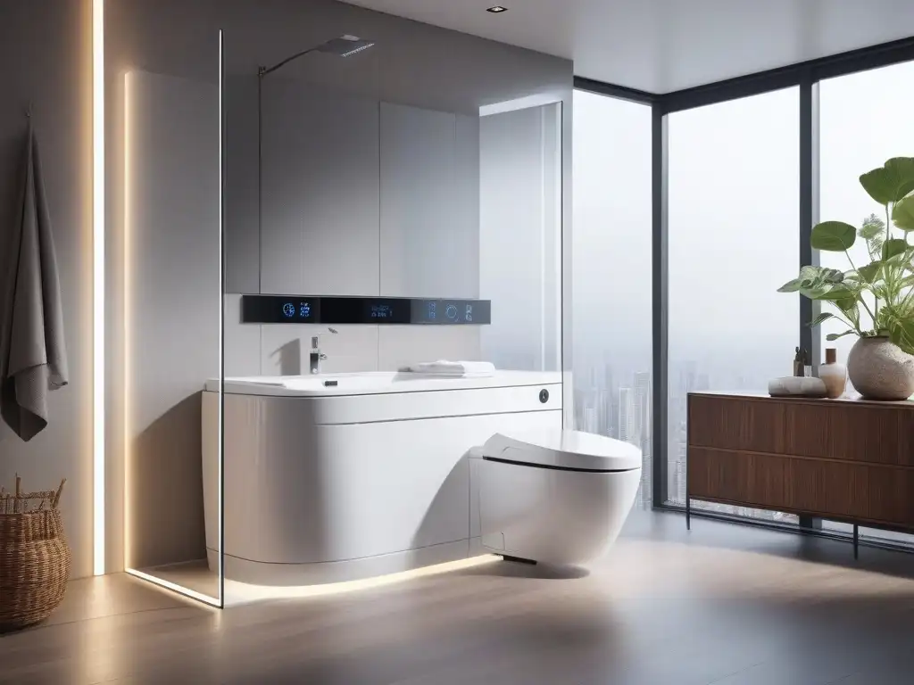 Baño de lujo con tecnología inteligente Un baño inteligente de lujo con tecnología y confort en un ambiente moderno y relajante
