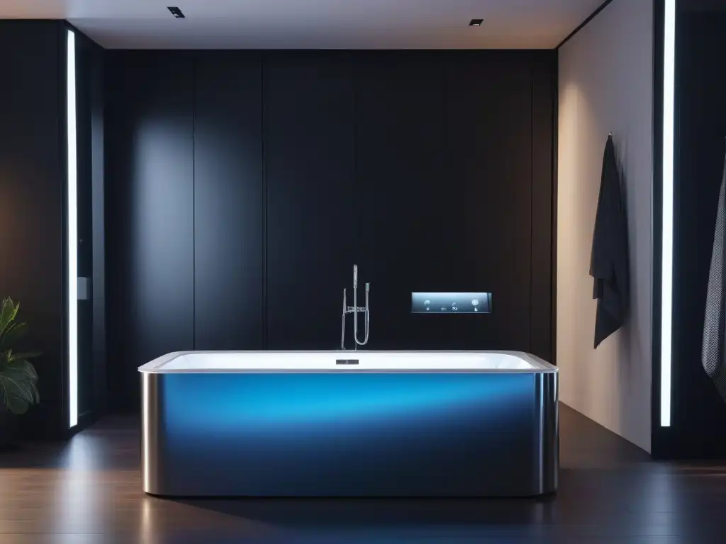 Baño de lujo con tecnología avanzada y diseño minimalista Un baño inteligente de lujo con tecnología de vanguardia y confort supremo