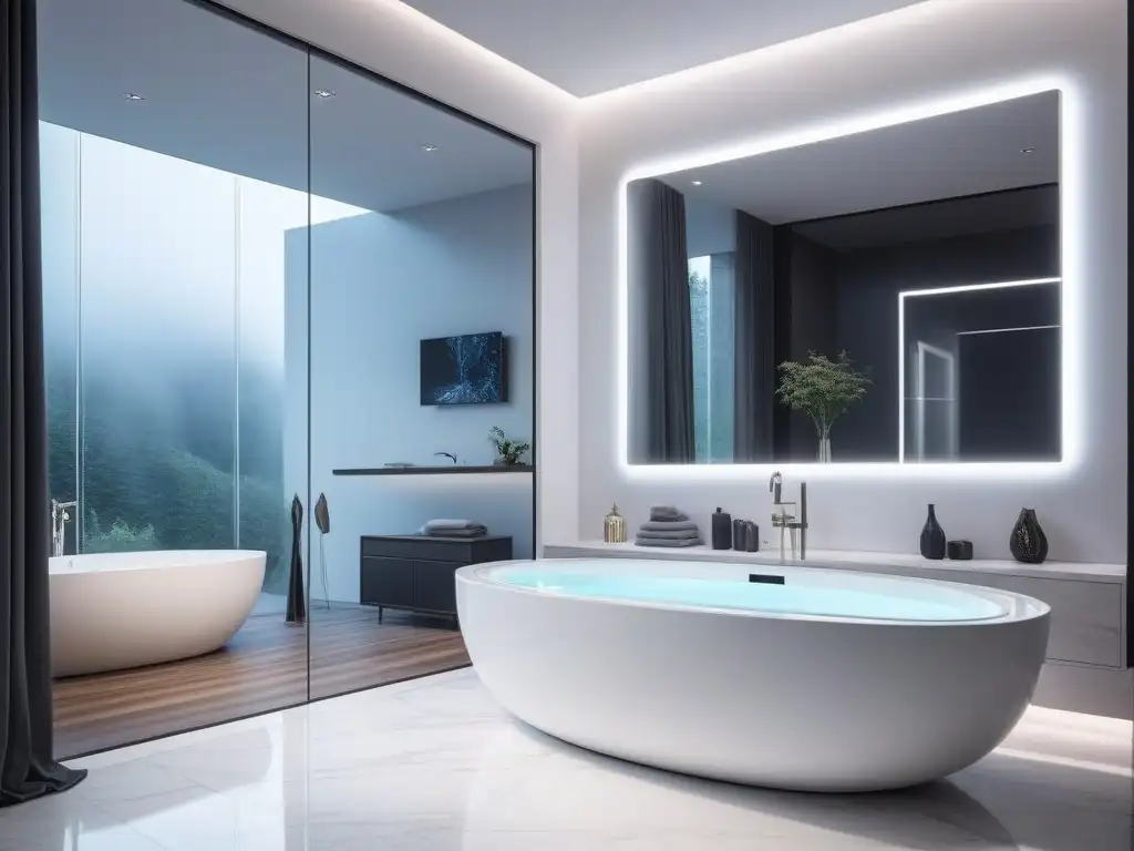 Baño de lujo con espejo inteligente y ducha de lluvia Baño de lujo con tendencias tecnológicas para hogar de lujo: espejo inteligente, bañera futurista y ducha con iluminación personalizable