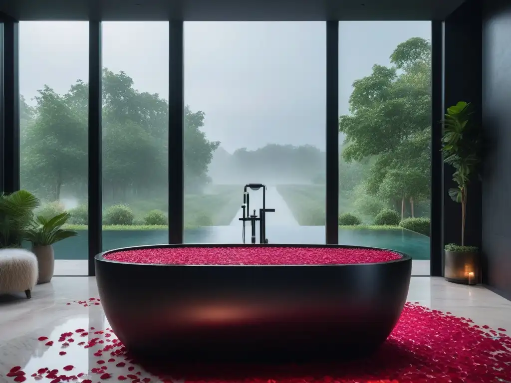 Baño de lujo con bañera de rosas y velas Baño lujoso con bañera de pie llena de pétalos de rosa, velas y detalles en mármol