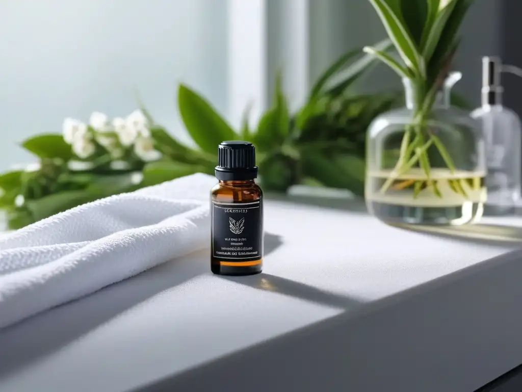 Esencia de lujo: botellas de aceites esenciales en un moderno baño Un baño moderno con aceites esenciales, toalla blanca y plantas frescas