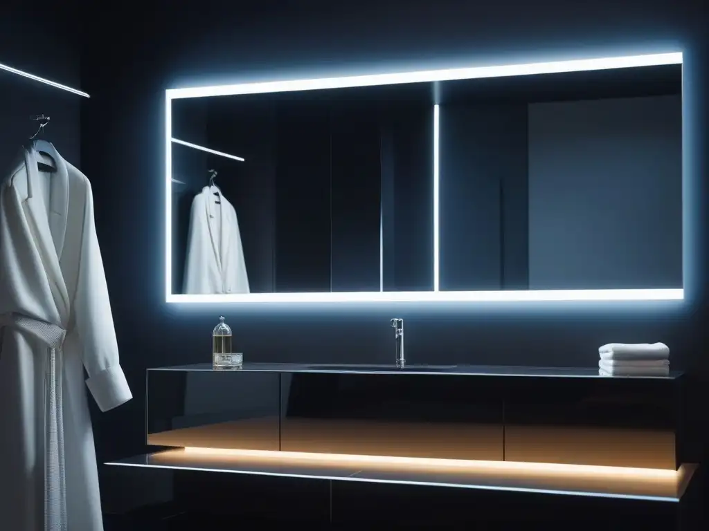 Espejo inteligente de alta tecnología para rutina de belleza personalizada Un baño moderno con un espejo inteligente de diseño futurista, rodeado de luces LED elegantes